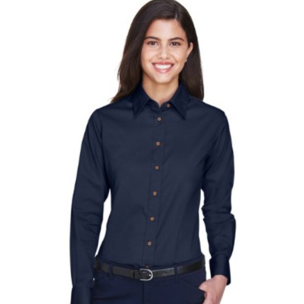 Harriton Women's Dark Navy Long Sleeve Twill Shirt with Stain Release